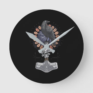 Norse Viking Raven Hammer Round Clock