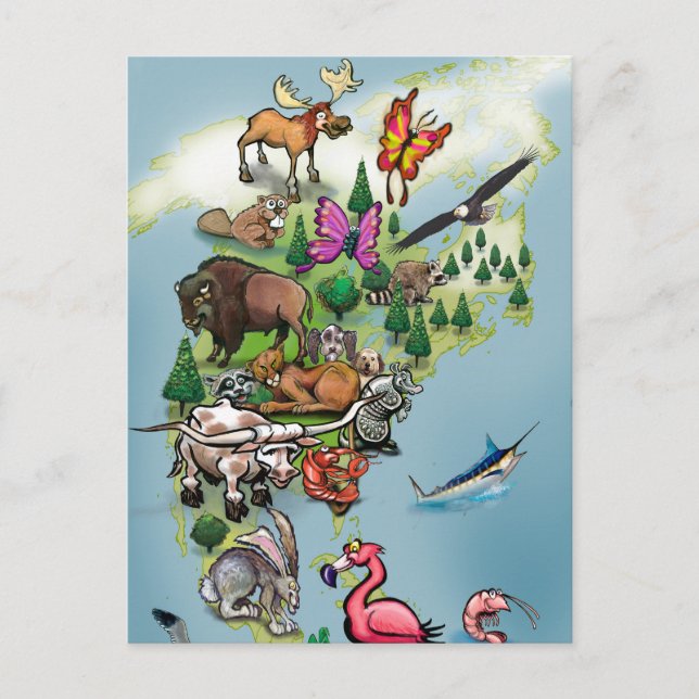 North American Animals World Map Postcard (Front)