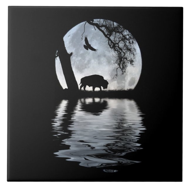 North American Buffalo and Raven with Full Moon Ceramic Tile (Front)