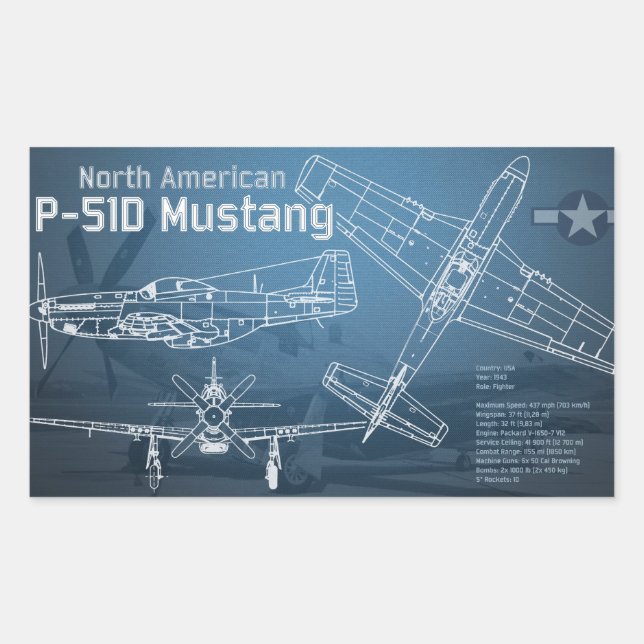 North American P-51D Mustang Blueprint Rectangular Sticker (Front)