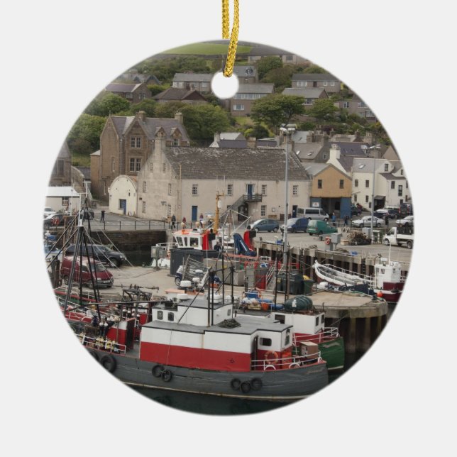 North Atlantic waterfront port of Stromness Ceramic Tree Decoration (Front)