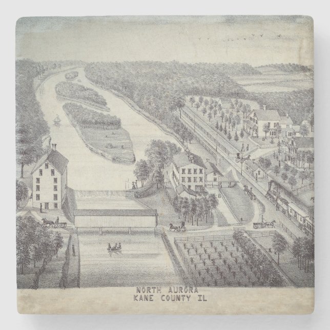 North Aurora Illinois Stone Lithograph 1871 Art Stone Coaster (Front)