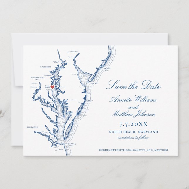 North Beach Maryland Wedding Elegant Navy Map Save The Date (Front)