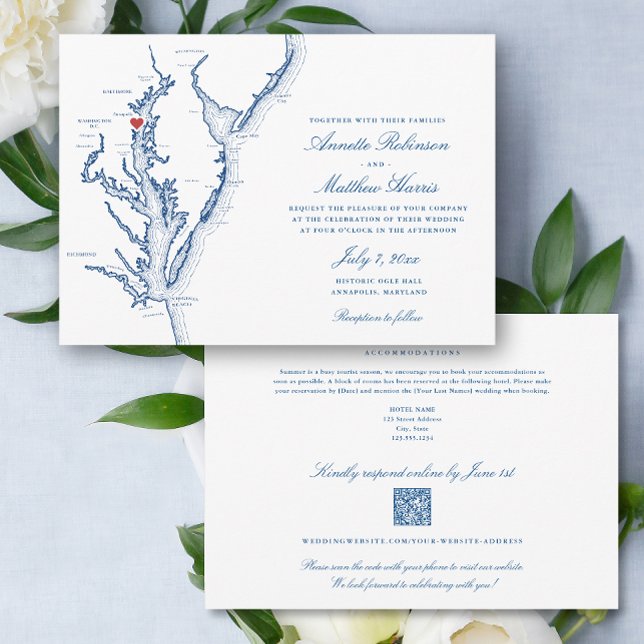 North Beach MD all-in-one QR code RSVP Wedding Invitation (North Beach MD all-in-one QR code Wedding Invitation in elegant navy blue with details on the back )