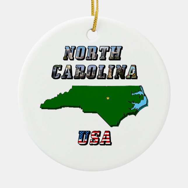 North Carolina Map Outline, Photo & US Flag Text  Ceramic Tree Decoration (Front)