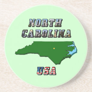 North Carolina Map Outline, Photo & US Flag Text Coaster