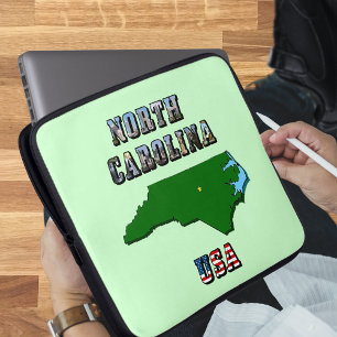 North Carolina Map Outline, Photo & US Flag Text  Laptop Sleeve