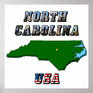North Carolina Map Outline, Photo & US Flag Text Poster