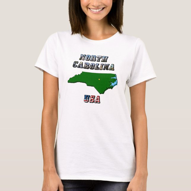 North Carolina Map Outline, Photo & US Flag Text  T-Shirt (Front)
