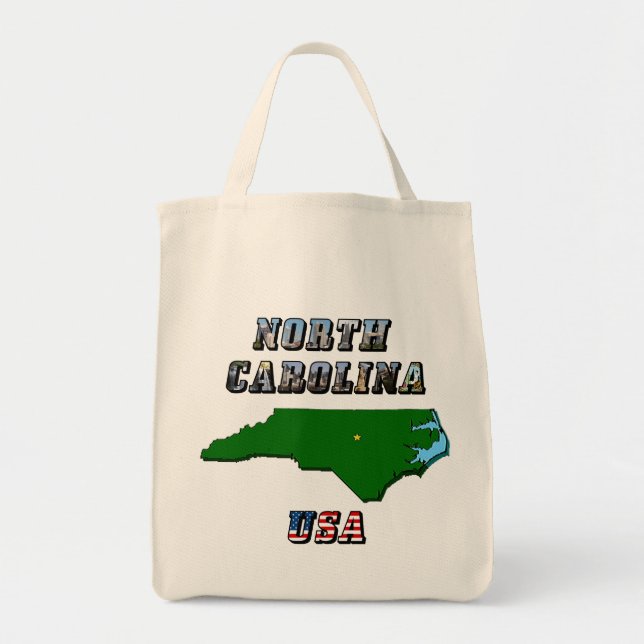 North Carolina Map Outline, Photo & US Flag Text  Tote Bag (Front)