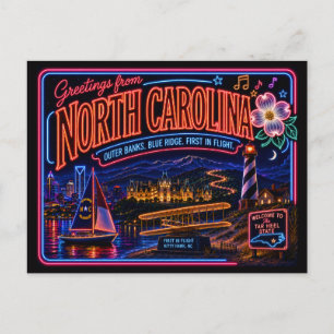 North Carolina Neon State Retro Vintage Postcard