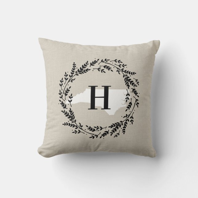 North Carolina Rustic Wreath Monogram Throw Pillow (Front)