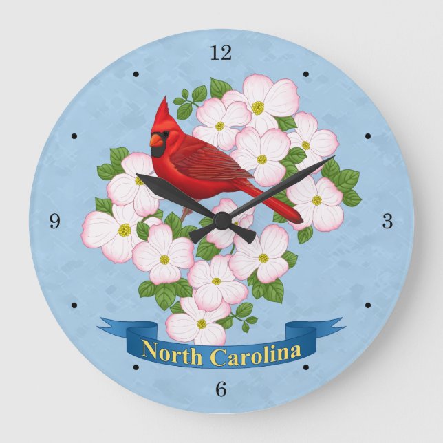 North Carolina State Cardinal Bird Dogwood Flower Large Clock (Front)