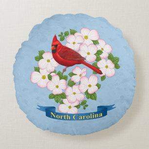 North Carolina State Cardinal Bird Dogwood Flower Round Cushion