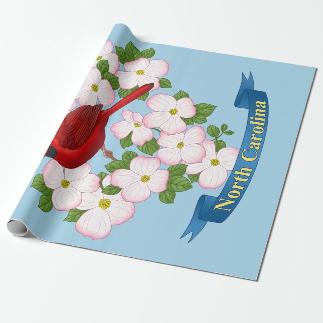 North Carolina State Cardinal Bird Dogwood Flower Wrapping Paper (Unrolled)