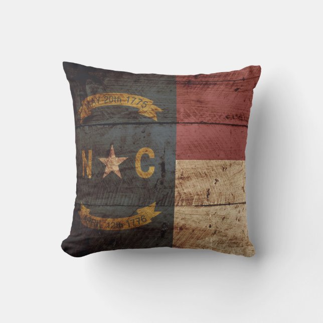North Carolina State Flag on Old Wood Grain Cushion (Front)