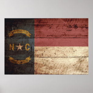 North Carolina State Flag on Old Wood Grain Poster