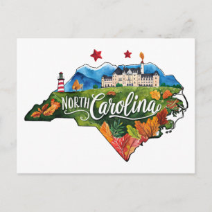 North Carolina USA State Shaped Vintage Watercolor Postcard