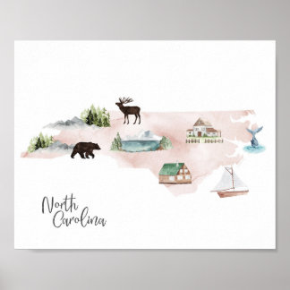North Carolina Wanderlust Landmarks Map Poster