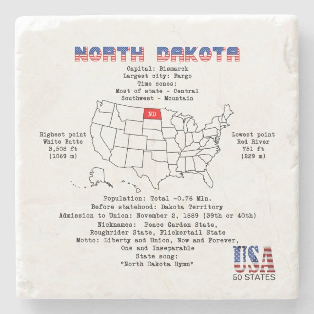 North Dakota American state on a map and details Stone Coaster (Front)