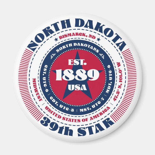 North Dakota Circle Typography Souvenir Magnet (Front)