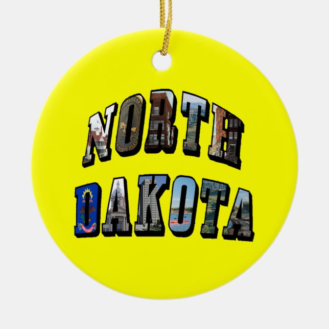 North Dakota Picture Text Ceramic Tree Decoration (Front)