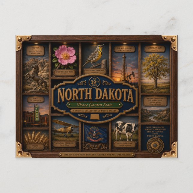 North Dakota Shadow Box 3D Figurine State Postcard (Front)