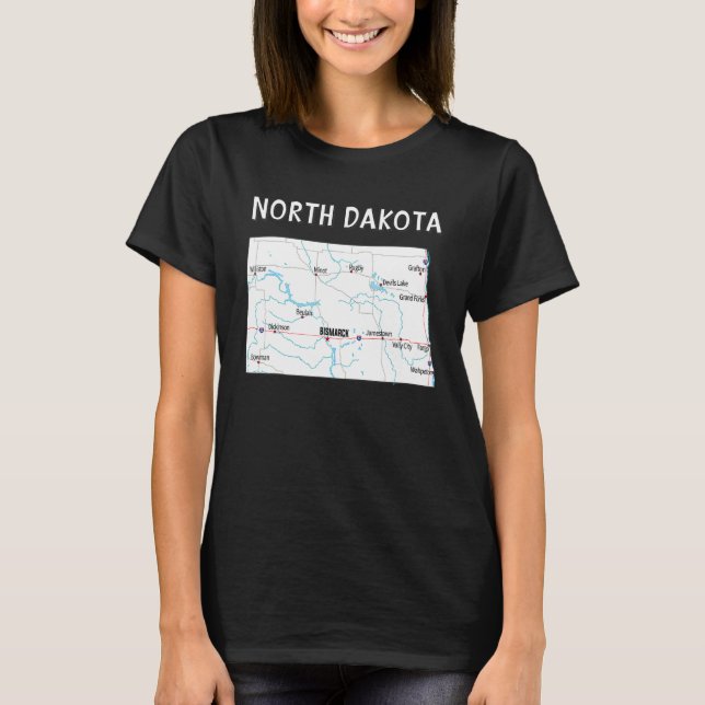 North Dakota Us State Map Highways Waterways Major T-Shirt (Front)