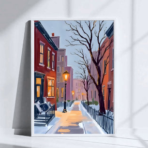 North End Winter Boston Watercolor Painting Poster