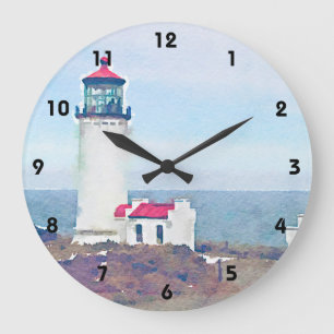 North Head Lighthouse Ilwaco, WA Watercolor Print Large Clock
