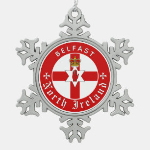 North Ireland snowflake, Belfast, Irish Flag Snowflake Pewter Christmas Ornament