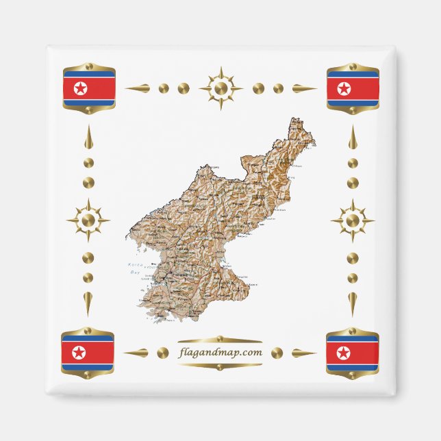 North Korea Map + Flags Magnet (Front)