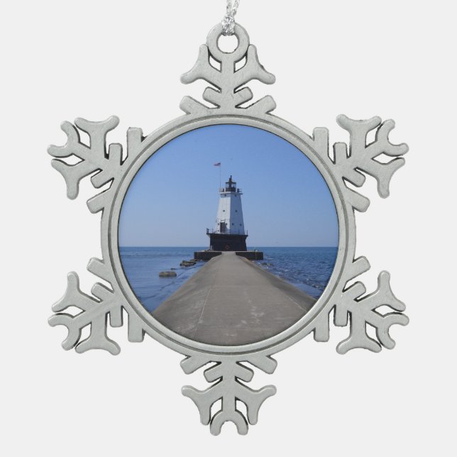 North Pierhead Lighthouse, Ludington, MI Snowflake Pewter Christmas Ornament (Front)