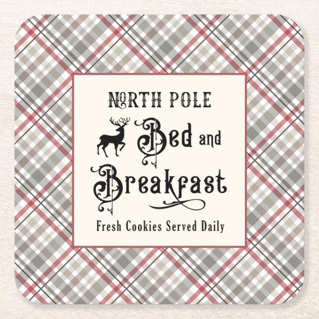 North Pole Bed and Breakfast Farmhouse Christmas Square Paper Coaster (Front)