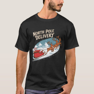 North Pole Delivery Scene with Santa and Reindeer T-Shirt