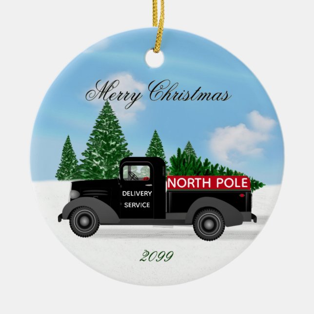 North Pole Delivery Truck - Ceramic Christmas Ceramic Ornament (Front)