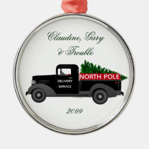 North Pole Delivery Truck - Premium Round Metal Ornament
