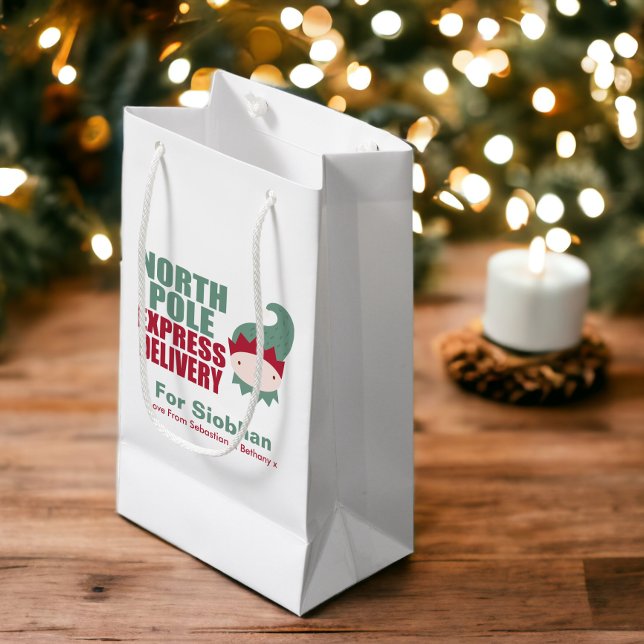 North Pole Elf Express Delivery Personalised Small Gift Bag (North Pole Express Delivery Personalized Elf Gift Bag from Ricaso)