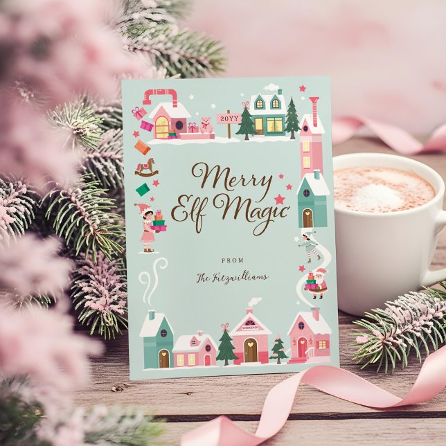 North Pole Elf Workshop Santa Claus Pink Village Holiday Card (North Pole Elf Workshop Santa Claus Pink Village Holiday Card)
