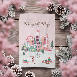North Pole Elf Workshop Santa Claus Pink Village Tea Towel