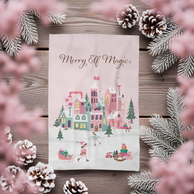North Pole Elf Workshop Santa Claus Pink Village Tea Towel (North Pole Elf Workshop Santa Claus Pink Village Kitchen Towel)