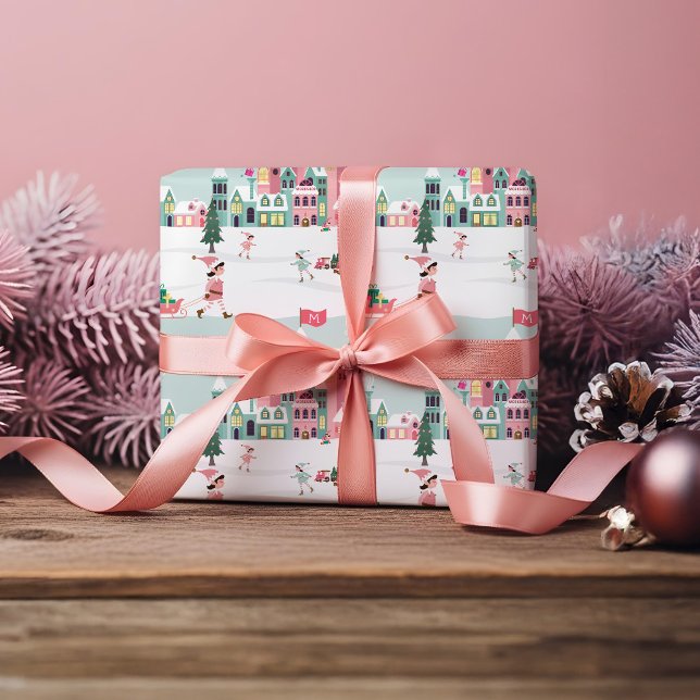 North Pole Elf Workshop Santa Claus Pink Village Wrapping Paper (North Pole Elf Workshop Santa Claus Pink Village Wrapping Paper)