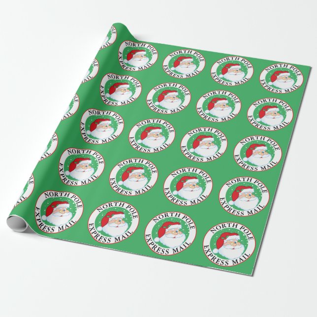 North Pole Express Mail Christmas Winking Santa Wrapping Paper (Unrolled)