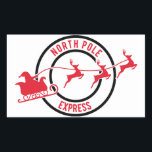 North Pole Express Mail Reindeer Delivery Sticker<br><div class="desc">So cute! This North Pole Express Delivery Sticker features the logo of the North Pole Express, two black circles encasing 'North Pole Express' in red typography, and it showcases Santa and his Reindeer riding through it! Sure to be a hit with children everywhere, use this red, black and white stamp...</div>