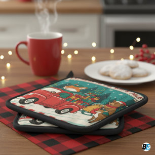North Pole Express Retro Truck With Cute Animals Oven Mitt & Pot Holder Set