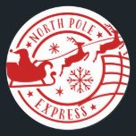 North Pole Express Santa Sleigh Christmas Stamp Classic Round Sticker<br><div class="desc">North Pole Express Santa Sleigh Christmas Stamp Classic Round Stickers.</div>