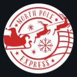 North Pole Express Santa Sleigh Christmas Stamp Classic Round Sticker<br><div class="desc">North Pole Express Santa Sleigh Christmas Stamp Classic Round Stickers.</div>