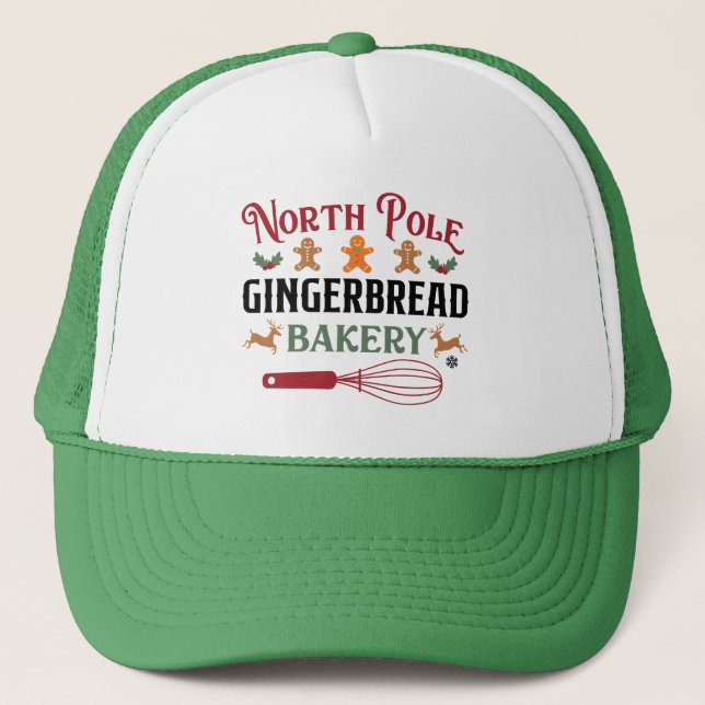 North Pole Gingerbread Bakery Christmas Trucker Hat (Front)