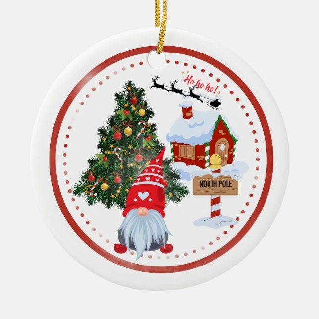 North Pole Gnome Christmas Ceramic Ornament (Front)