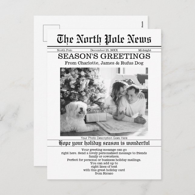 North Pole News Christmas Newspaper Personalised Holiday Postcard (Front/Back)